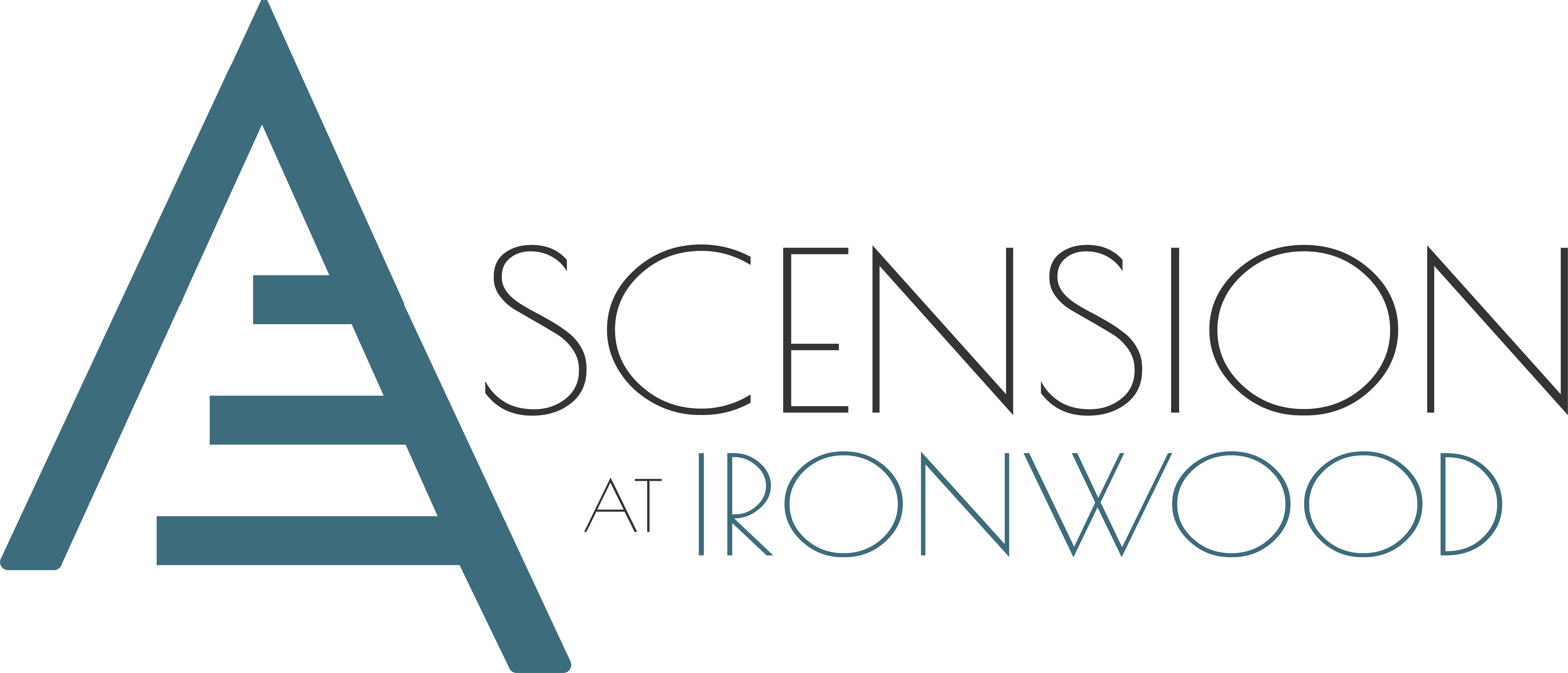 A logo with a triangle and the words "Scension at Ironwood" on a green background.